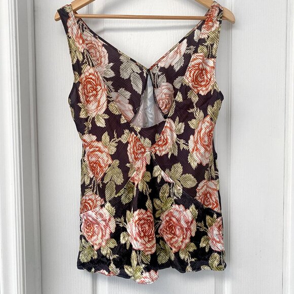 PACO Rabanne - Brown / Pink Multi Silk & Velvet Mixed Media Floral Rose V-Neck - Picture 9 of 14